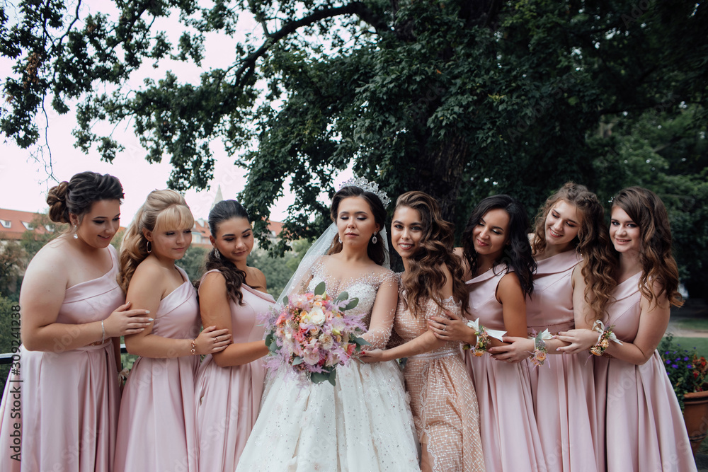 Bride with bridesmaids. Girl bride with her friends in elegant dresses. Bride with bridesmaids on the park on the wedding day. Happy girls at their best friend's wedding. Bride with bridesmaids. Girl bride with her friends in elegant dresses. Bride with bridesmaids on the park on the wedding day. Happy girls at their best friend's wedding.