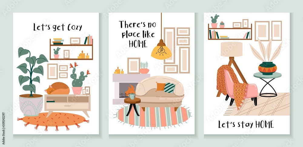 Set of cozy cards with interiors and decorations vector illustration. Collection consists of templates with comfortable houses and lettering lets get cozy, theres no place like home, lets stay home - obrazy, fototapety, plakaty 