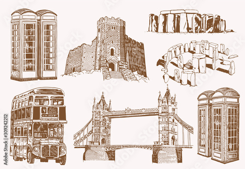 Graphical vintage  set of London sightseeings ,vector sketchy illustration for art and design
