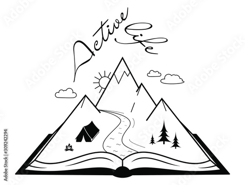 Nature landscape in opened book, camping logo, outdoor traveling, summertime adventure. Vector illustration, EPS 10.