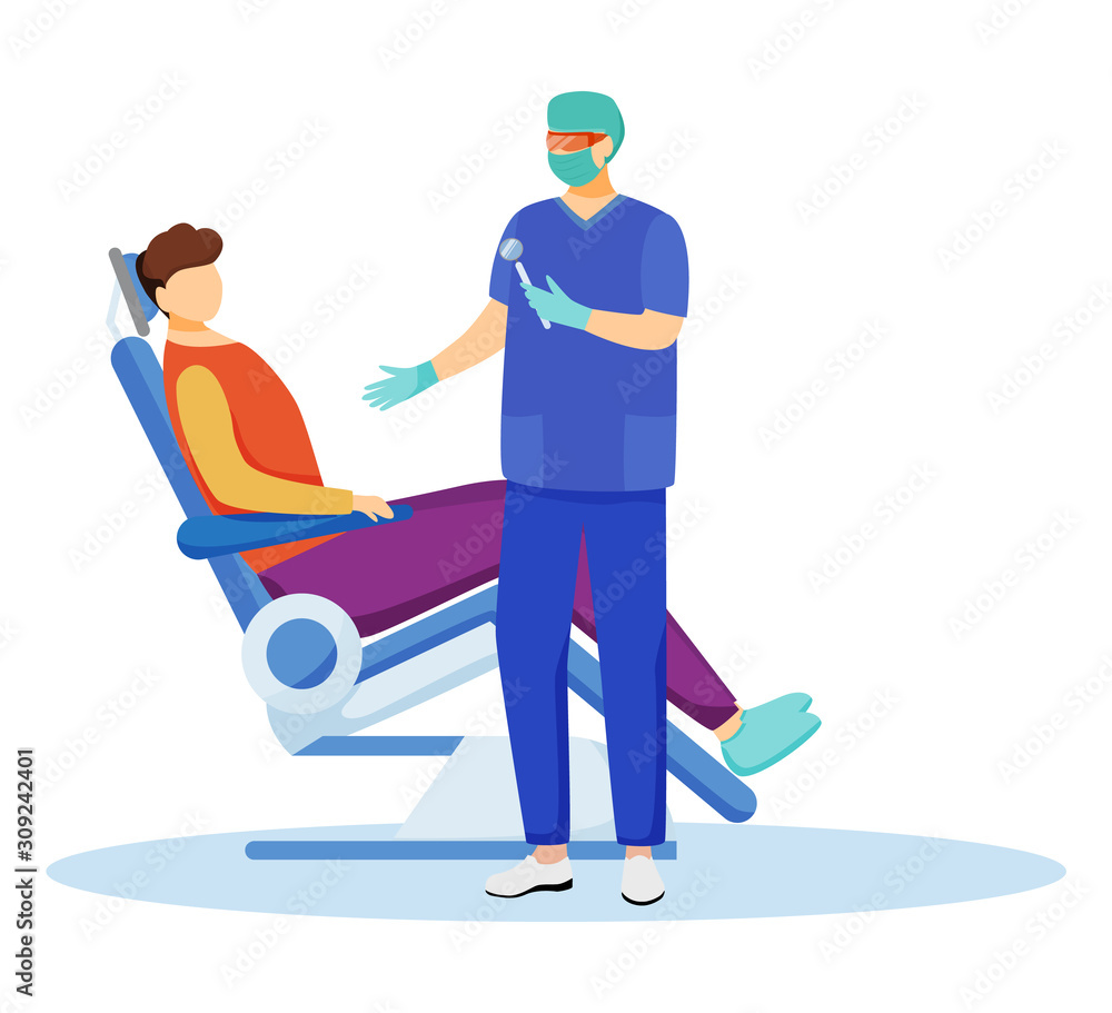 Dentist flat vector illustration. Dentistry, stomatological procedure. Teeth treatment and checkup. Stomatologist with patient in dental chair cartoon characters isolated on white background