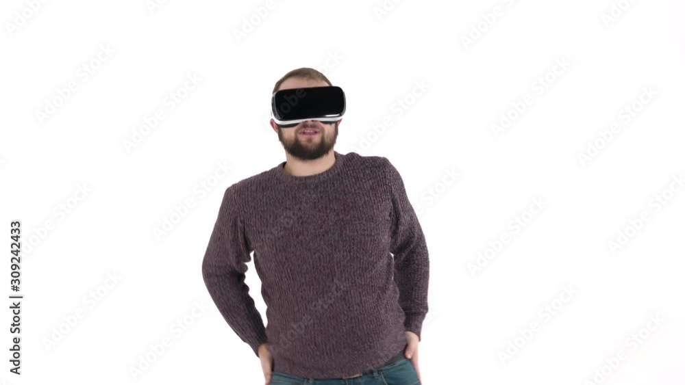 Close-up demonstration of a young bearded man dancing Macarena dance in VR glasses. 3D rendering animation. Hi tech concept Close-up demonstration of a young bearded man dancing Macarena dance in VR glasses. 3D rendering animation. Hi tech concept