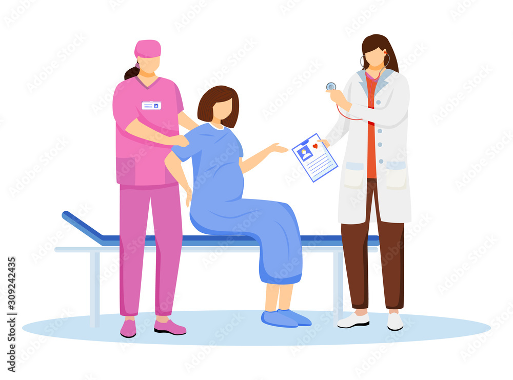 Childbirth at hospital flat vector illustration. Reproductive medicine. Pregnant woman with contractions and labor. Obstetrics and gynecology. Obstetrician, nurse with patient cartoon characters Childbirth at hospital flat vector illustration. Reproductive medicine. Pregnant woman with contractions and labor. Obstetrics and gynecology. Obstetrician, nurse with patient cartoon characters