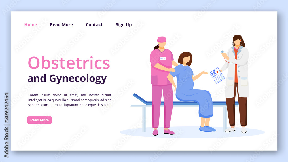 Obstetrics and gynecology landing page template. Obgyn website interface idea with flat illustrations. Childbirth at hospital homepage layout. Prenatal care clinic web banner, webpage cartoon concept Obstetrics and gynecology landing page template. Obgyn website interface idea with flat illustrations. Childbirth at hospital homepage layout. Prenatal care clinic web banner, webpage cartoon concept