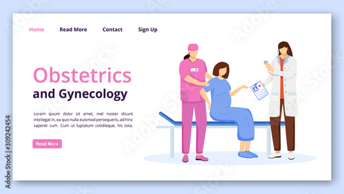 Obstetrics and gynecology landing page template. Obgyn website interface idea with flat illustrations. Childbirth at hospital homepage layout. Prenatal care clinic web banner, webpage cartoon concept