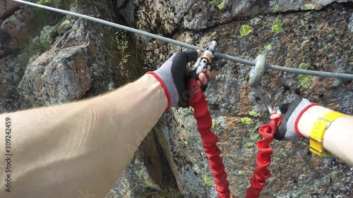 Man Climbing A Via Ferrata Route POV  GoPro First Person View FPV Location: Skule Mountain, Docksta, Sweden, Scandinavia. July Of 2019.