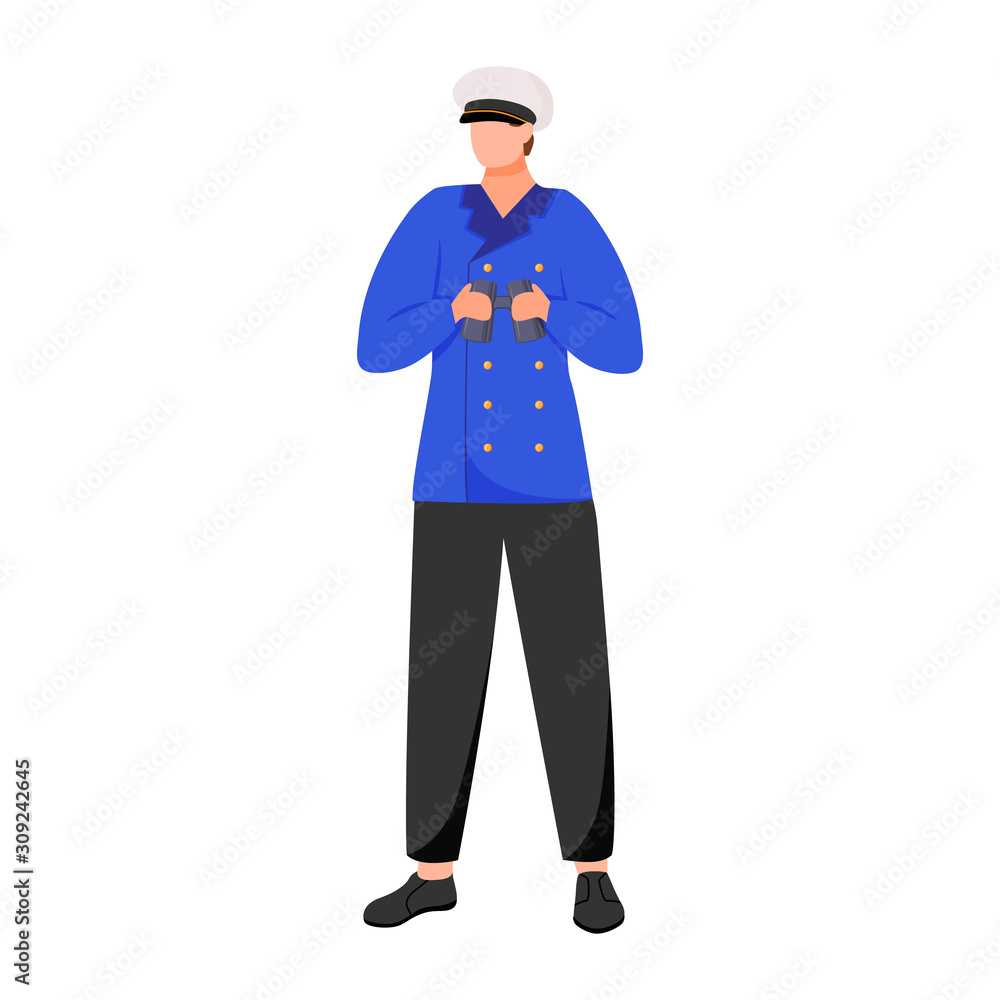 Navigator flat vector illustration. Seafarer on research or passenger fleet. Captain in work uniform. Sailor with binoculars isolated cartoon character on white background