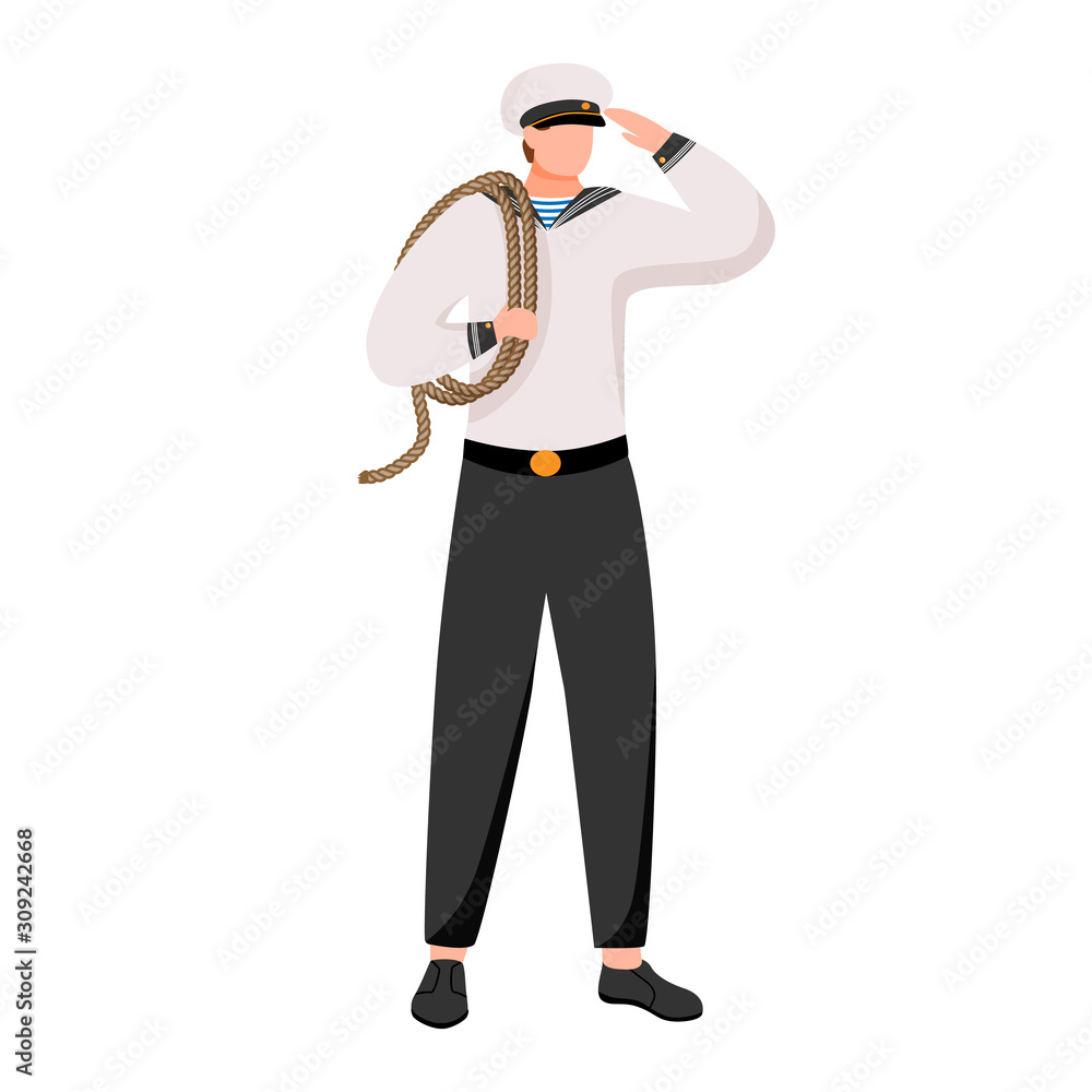 Sailor flat vector illustration. Seaman in work uniform. Maritime academy. Marine occupation. Seafarer with rope isolated cartoon character on white background Sailor flat vector illustration. Seaman in work uniform. Maritime academy. Marine occupation. Seafarer with rope isolated cartoon character on white background