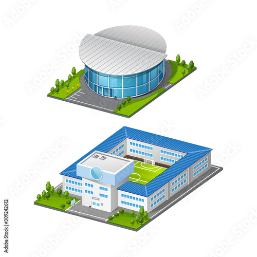 Vector flat volume icons of building and arena sports competition football stadium