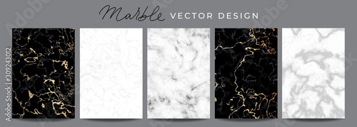 Set of marble vector design luxury backgrounds. Collection consists of black, white, gray marmoreal stone texture templates with golden lines for wedding invite, greeting, birthday card and covers