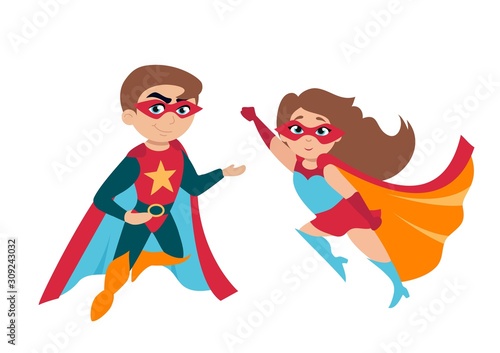 Superhero boy and girl in cute costumes and masks vector illustration. Template with funny children characters isolated on white background. Childhood concept