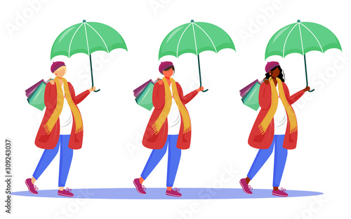 Pregnant women flat vector illustrations set. Happy pregnancy time. Awaiting of baby. Young mothers go shopping under umbrellas isolated cartoon characters on white background