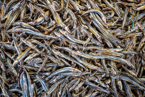 Canvas Print dried fishes, dry fish on fish market, Hongkong, China  -