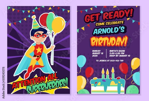 Superhero party festive template with cute boy vector illustration. Invitation card for kids birthday with cartoon superhero child in mask holding air balloons. Childhood concept