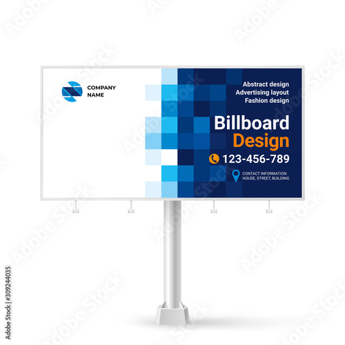 Creative billboard design, layout banner for outdoor advertising,  geometric blue background, business concept for the promotion of goods and services.