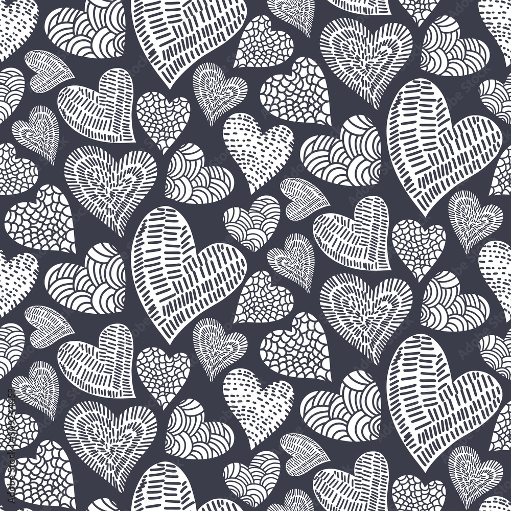 Romantic seamless pattern with cute images of hearts with hand drawn texture. The style of children's drawing. Romantic seamless pattern with cute images of hearts with hand drawn texture. The style of children's drawing.