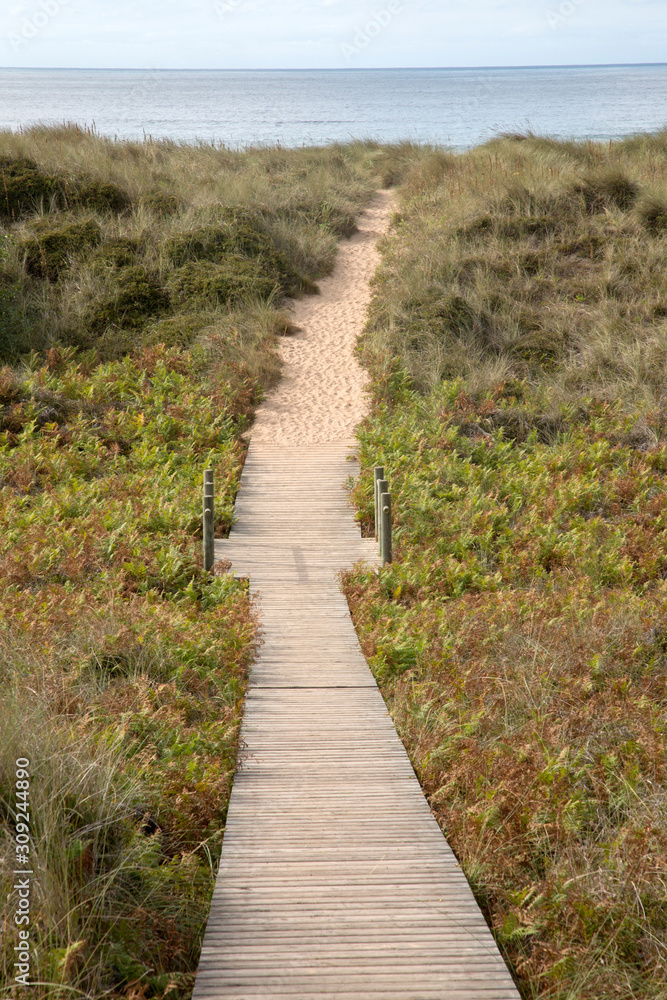 Wooden Footpath and Sea at Xago Beach; Asturias