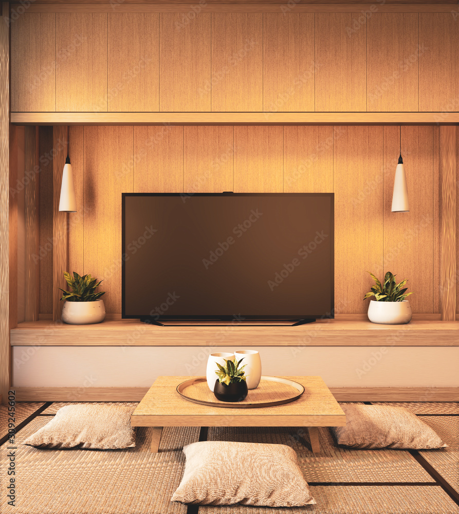 Tv on empty wall background and wall wooden japanese design on living room zen style.3D rendering Tv on empty wall background and wall wooden japanese design on living room zen style.3D rendering
