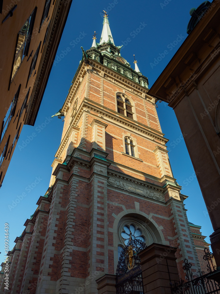The spire of the German Church (St. Gertrude's Church) in Gamla Stan, Stockholm, Sweden