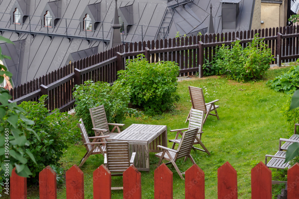 Decor from table and chairs from wooden drawers in Stockholm, Sweden