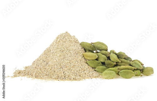 Cardamom powder and pods isolated on a white background