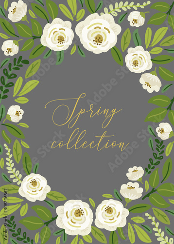 Cute Spring collection floral background with bouquets of hand drawn rustic white roses flowers and leaves branches