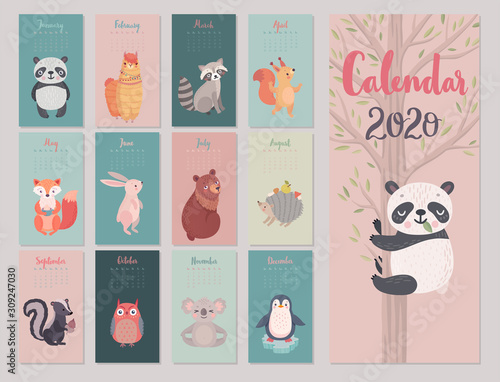 Calendar 2020 with Animals . Cute forest characters.