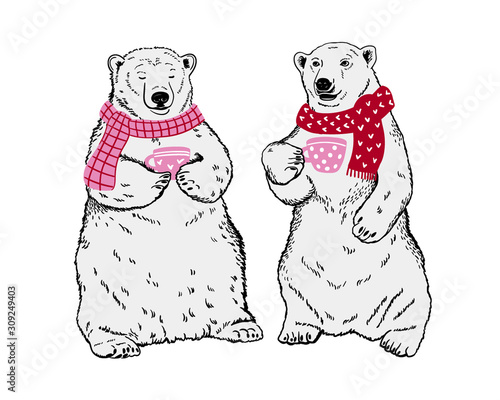 Polar bears with cups of tea. Bears animals in a cozy tea party. Close-up. Friendship. Clip art. Hand Painting. Ink. Line art, black and white.