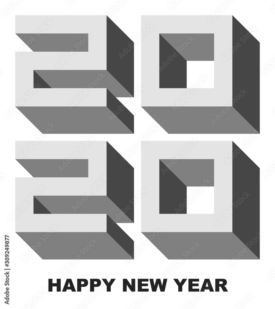 Happy New Year 2020 - greeting card, invitation, flyer, poster - bright gray cubic font numbers - vector Happy New Year 2020 - greeting card, invitation, flyer, poster - bright gray cubic font numbers - vector