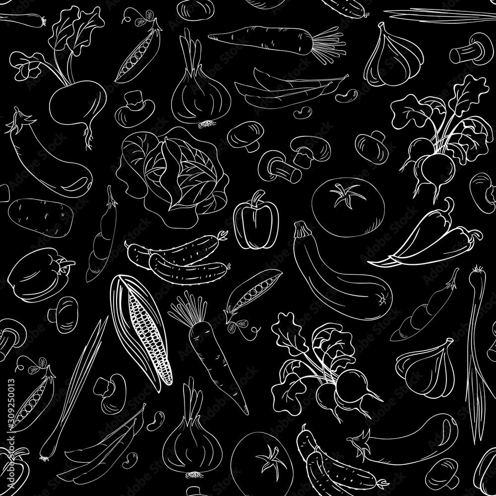 vegetable, summer seamless pattern. Hand drawing. fresh vegetables sketch background. Vintage food illustration for shop, bread house label, menu or packaging design vegetable, summer seamless pattern. Hand drawing. fresh vegetables sketch background. Vintage food illustration for shop, bread house label, menu or packaging design