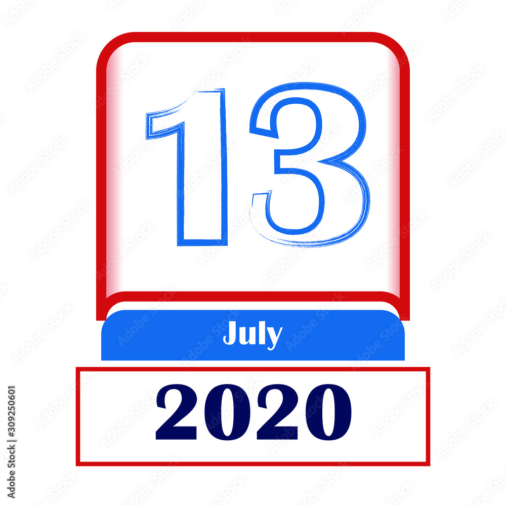 13 July 2020. Vector flat daily calendar. Date, month. 13 July 2020. Vector flat daily calendar. Date, month.