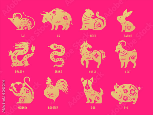 Chinese new year  zodiac signs  papercut icons and symbols. Vector illustrations