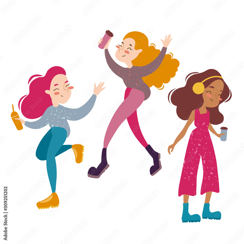 Lovely funny girls with different hair colors and different skin colors are happy. Women drink takeaway coffee. Bright colorful illustration of teenagers in trendy cartoon style. Lovely funny girls with different hair colors and different skin colors are happy. Women drink takeaway coffee. Bright colorful illustration of teenagers in trendy cartoon style.