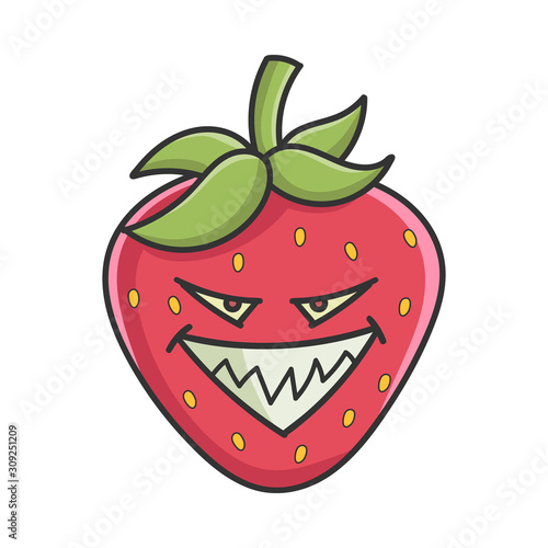 Evil strawberry fruit icon cartoon isolated on white