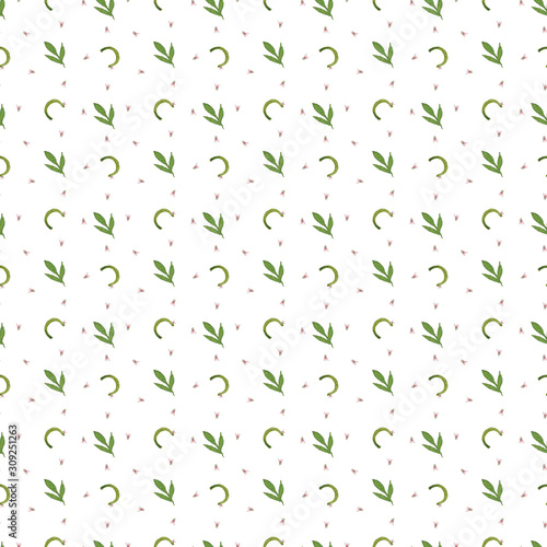 Seamless pattern of watercolor letters and leaves on a white background. Use for invitations, birthdays, menus.