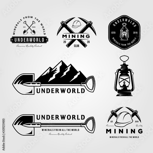 set of mining vintage logo emblem vector badge retro illustration design