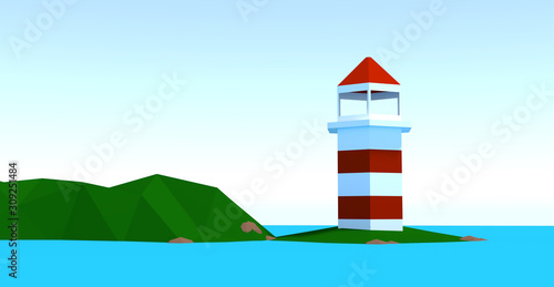 Lighthouse on the blue sea 3d render low polygonal illustration photo