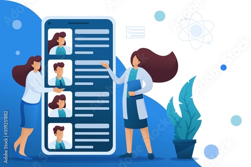Mobile app to search for doctors nearby with you. Flat 2D character. Concept for web design