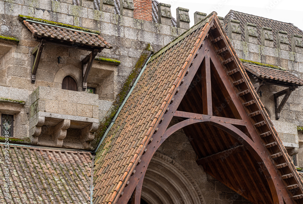 Detail of small doors and roofs in the palace of the Dukes of Braganza in Guimaraes in northern Portugal