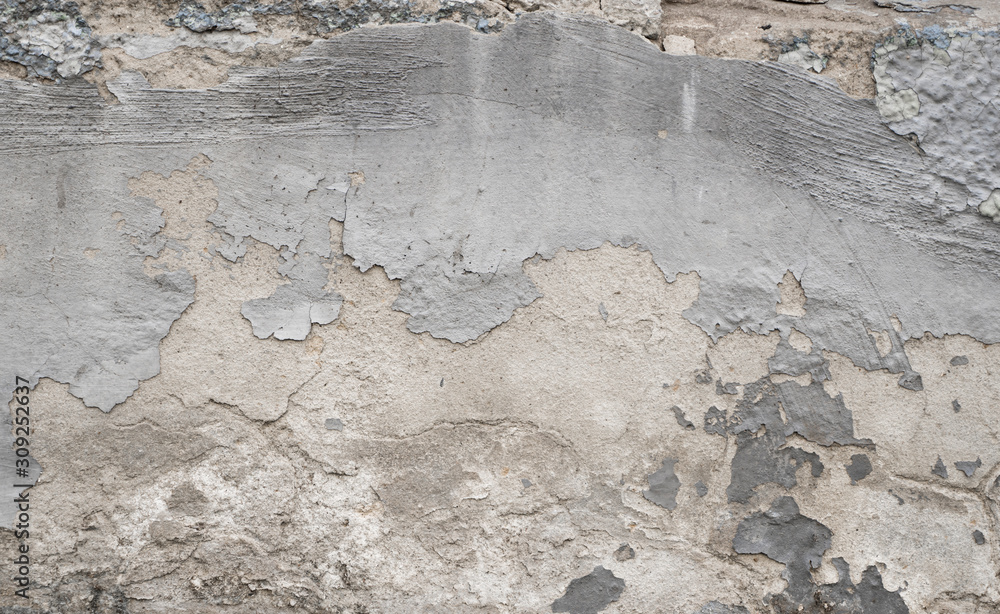 Fototapeta premium Cracked concrete grey wall covered with gray cement texture as background can be used in design. Dirty concrete texture with cracks and holes.
