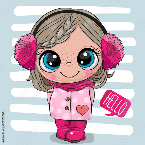 Cartoon girl in a coat and fur headphones
