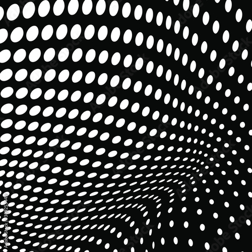 White distorted halftone dots pattern background. Abstract shape. Trendy design element for prints, web pages, template, presentation and monochrome pattern
