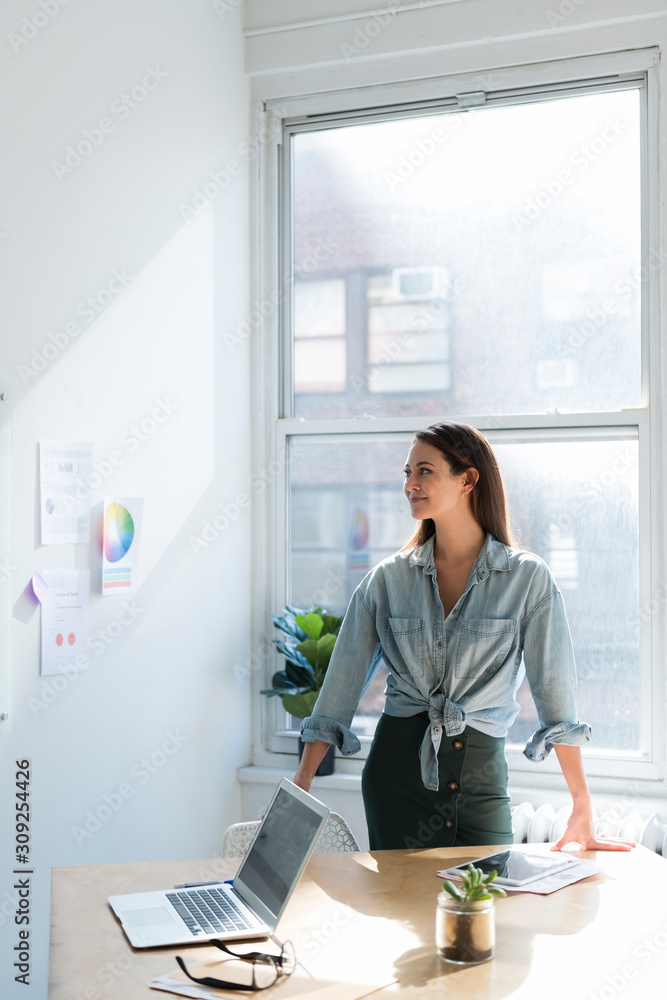 Business woman standing behind office desk Business woman standing behind office desk