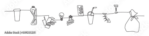 rubbish drawing  one continuous line. crumpled plastic bottle, coffee Cup, garbage bag, broken smartphone, food waste, paper, light bulbs. separate collection, recyclable waste