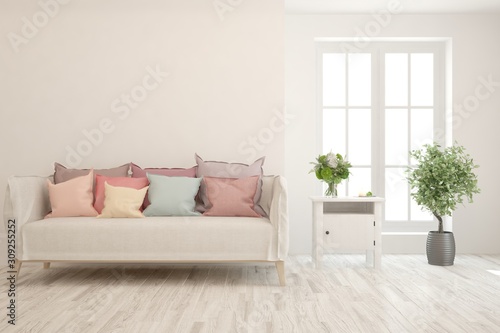 Stylish room in white color with sofa. Scandinavian interior design. 3D illustration