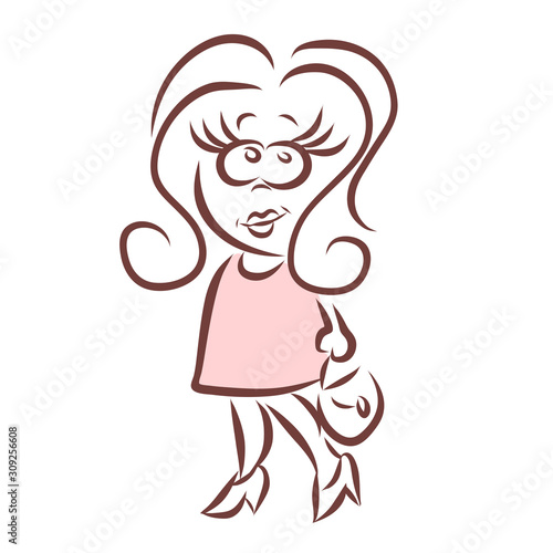Cartoon caricature of an urban woman with a handbag. A lady with a magnificent hairstyle, in a dress and high heels. Vector outline illustration.
