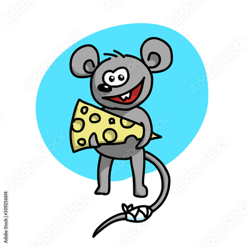 A sly and agile mouse stands with a piece of stolen cheese. Funny smile. The tail is bandaged with a bandage. Cartoon vector illustration.