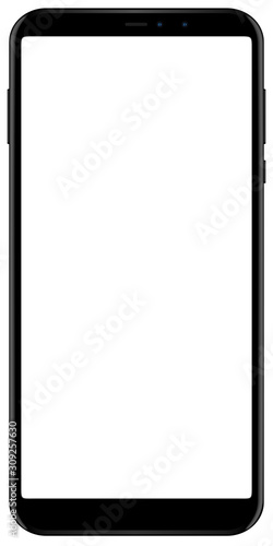 Brand new smartphone black color with blank screen isolated on white background mockup. Front view of modern android multimedia mobile phone easy to edit and put your image or text.