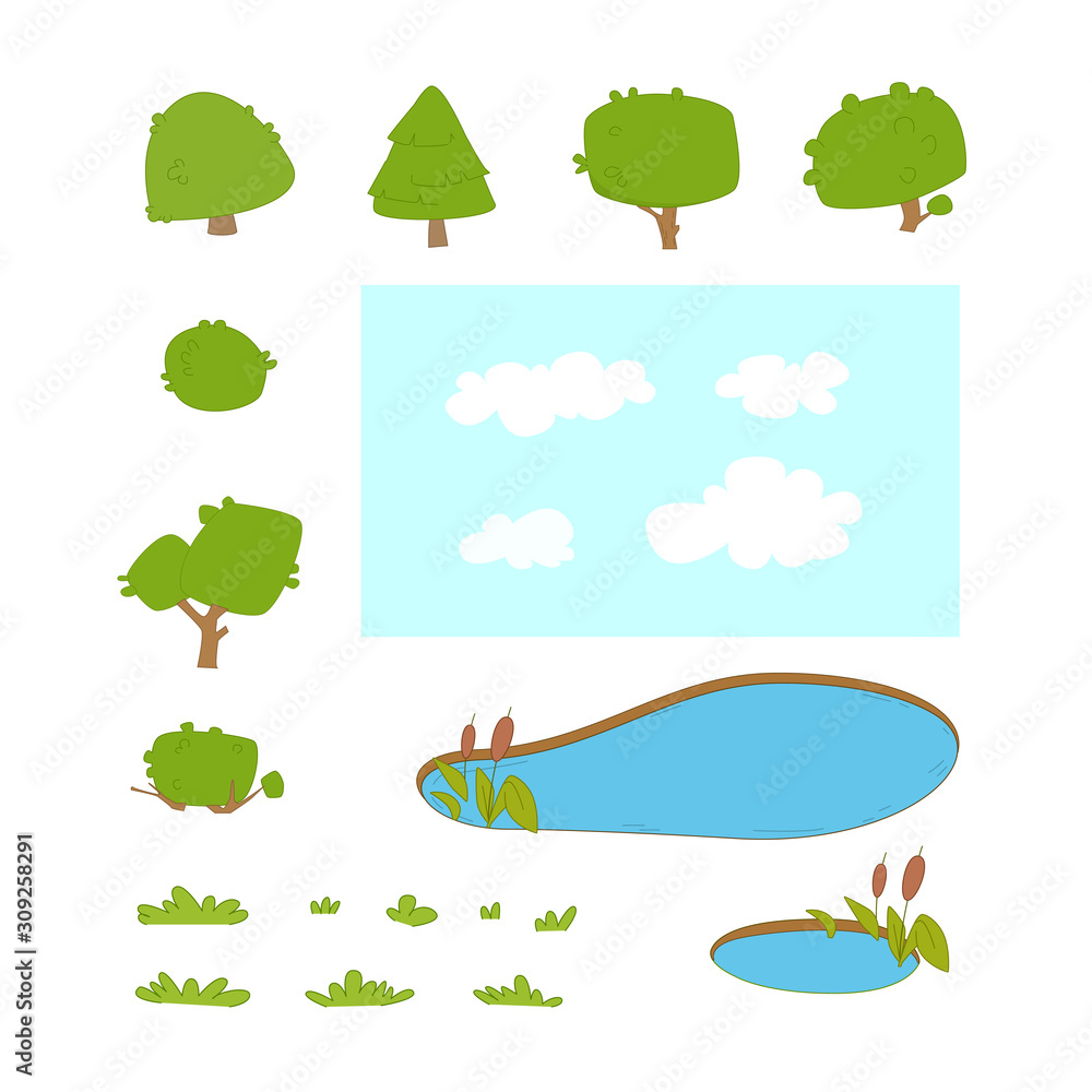Fototapeta premium Vector flat trees, pond and bushes for map
