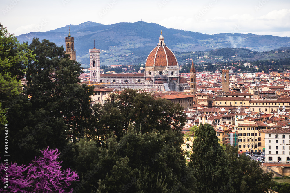 View of Boboli Gardens in Florence, Italy, with sculptures, blooming trees and flowers